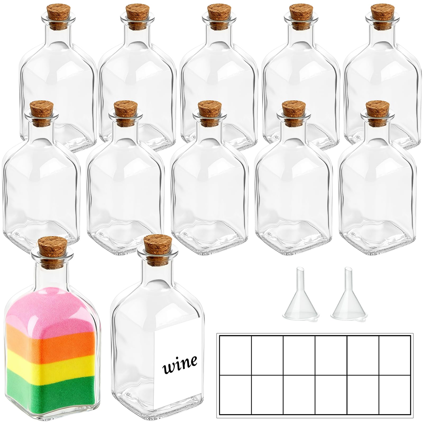 TBWIND 12 Pack 4oz Glass Potion Bottles with Cork, Clear Square-Round Mini Vases, 120ml Jars for Sand Art, Wedding Favors, Spices, DIY Crafts with 4 Funnels